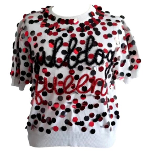 Queen of Sparkles "Bulldog Queen" Paillette Sweater | White & Red | Size M - Picture 1 of 4